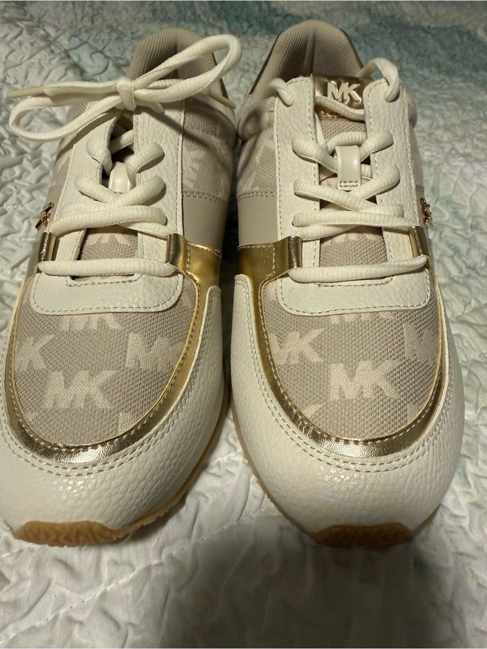 Michael Kors Raina Cream & Gold MK Monogram Sneakers